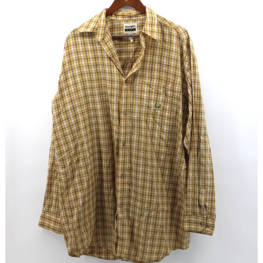 Wrangler Riata Plaid Button Down Shirt Yellow Blue 2XL‎ Cowboy Rodeo